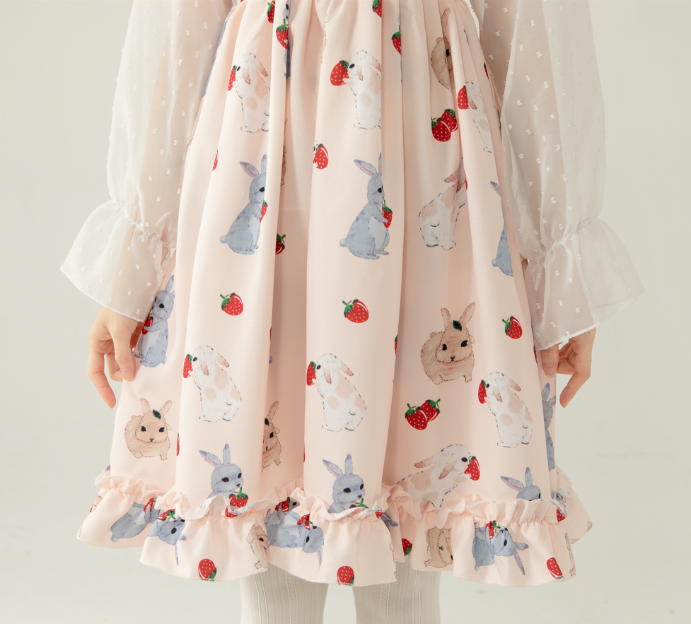 Sweet Lolita Rabbit Print Suspender Dress with Strawberry Pattern Kawaii Style Jumper Skirt